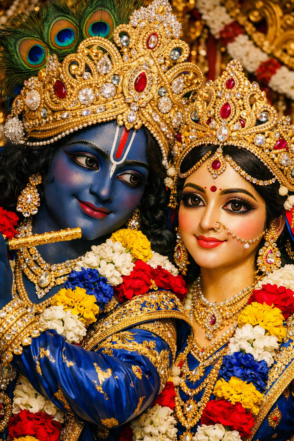 ISKCON deity close-up showing Krishna and Radha with ornate golden crowns and detailed face decorations